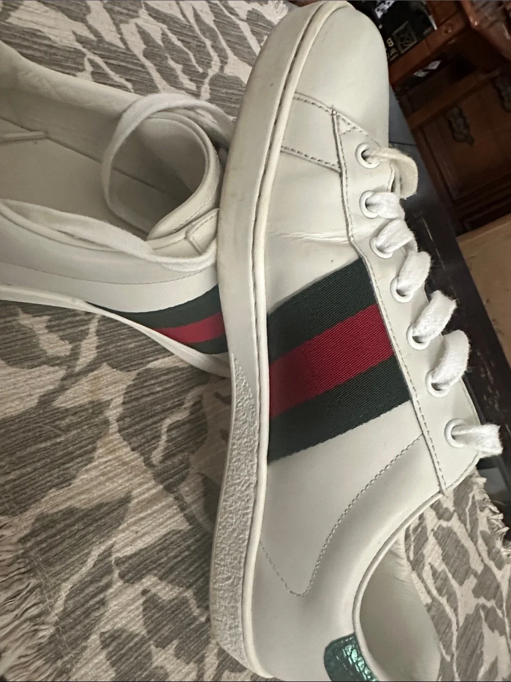 Gucci White Leather Sneakers with Green & Red Web and Gold Bee